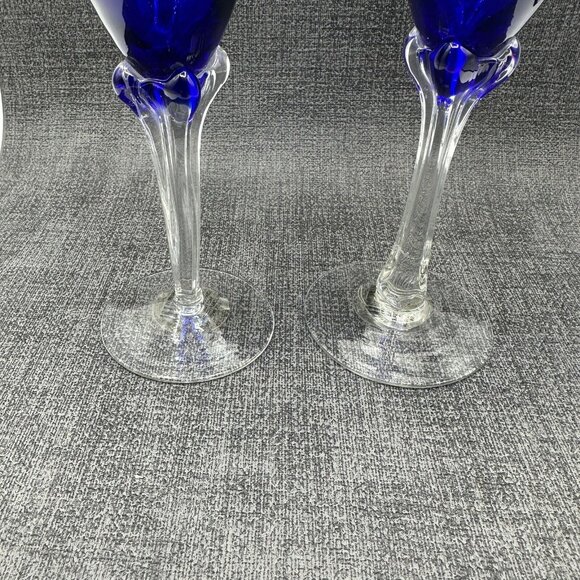 Cobalt Blue Glass Champagne Flutes Clear Tulip Ornate 4 Sided Stem Lot of 2 8" - Picture 4 of 11